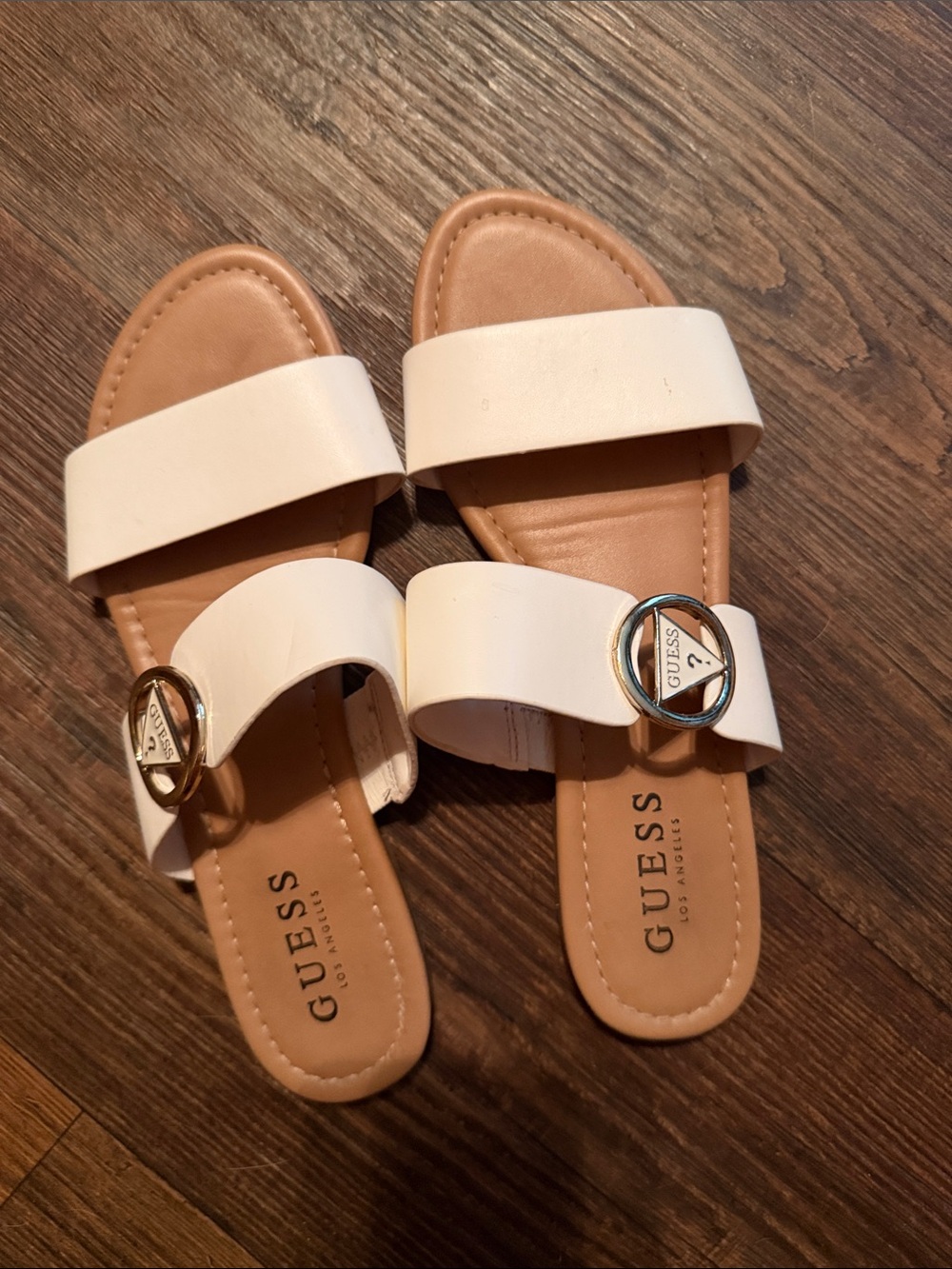 GUESS White Slide Sandals with Gold Logo Rings